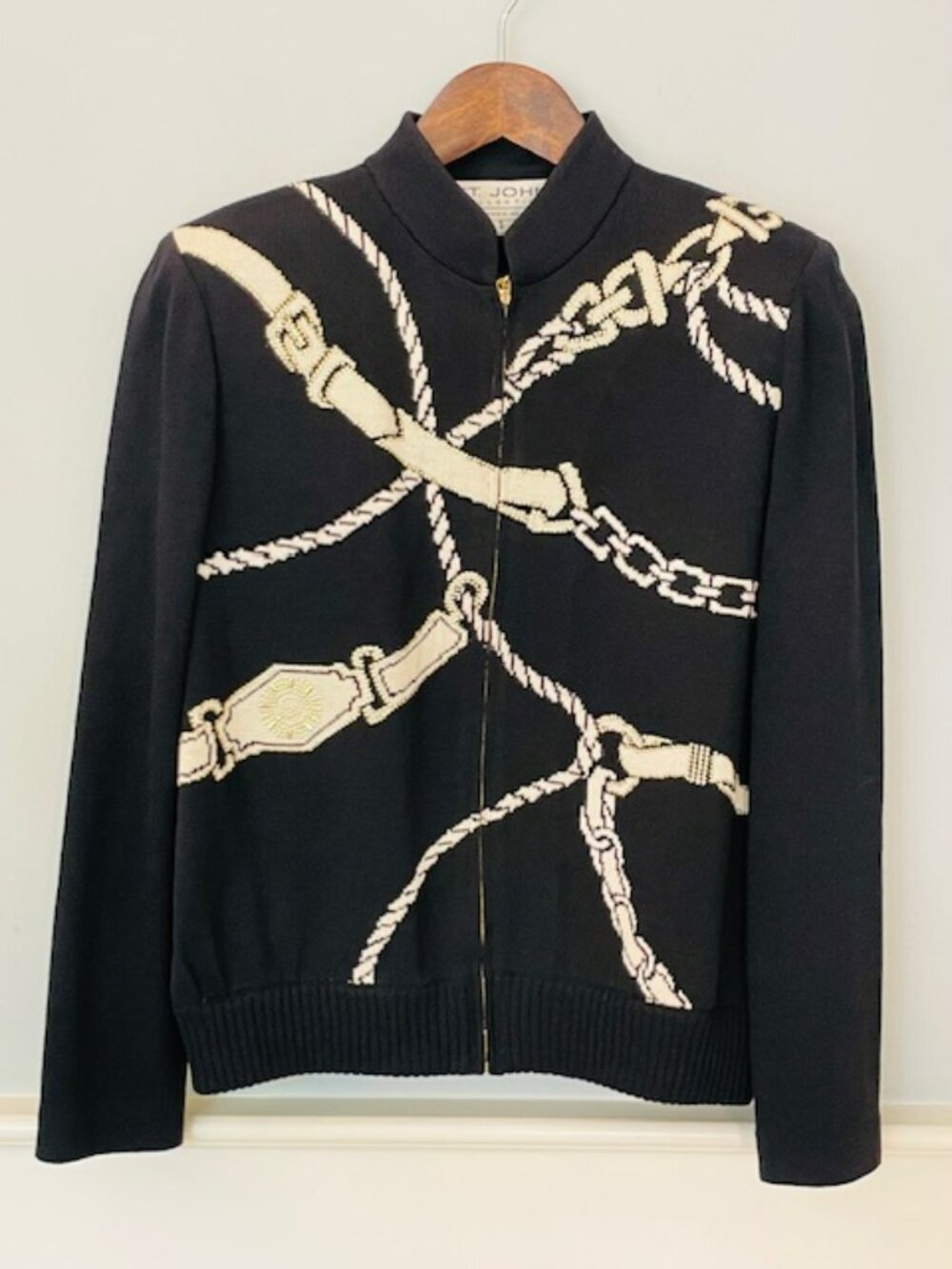St. John Collection Santana Knit Jacket Black Chain Print Zip Mock Neck Size 4 - Picture 2 of 7